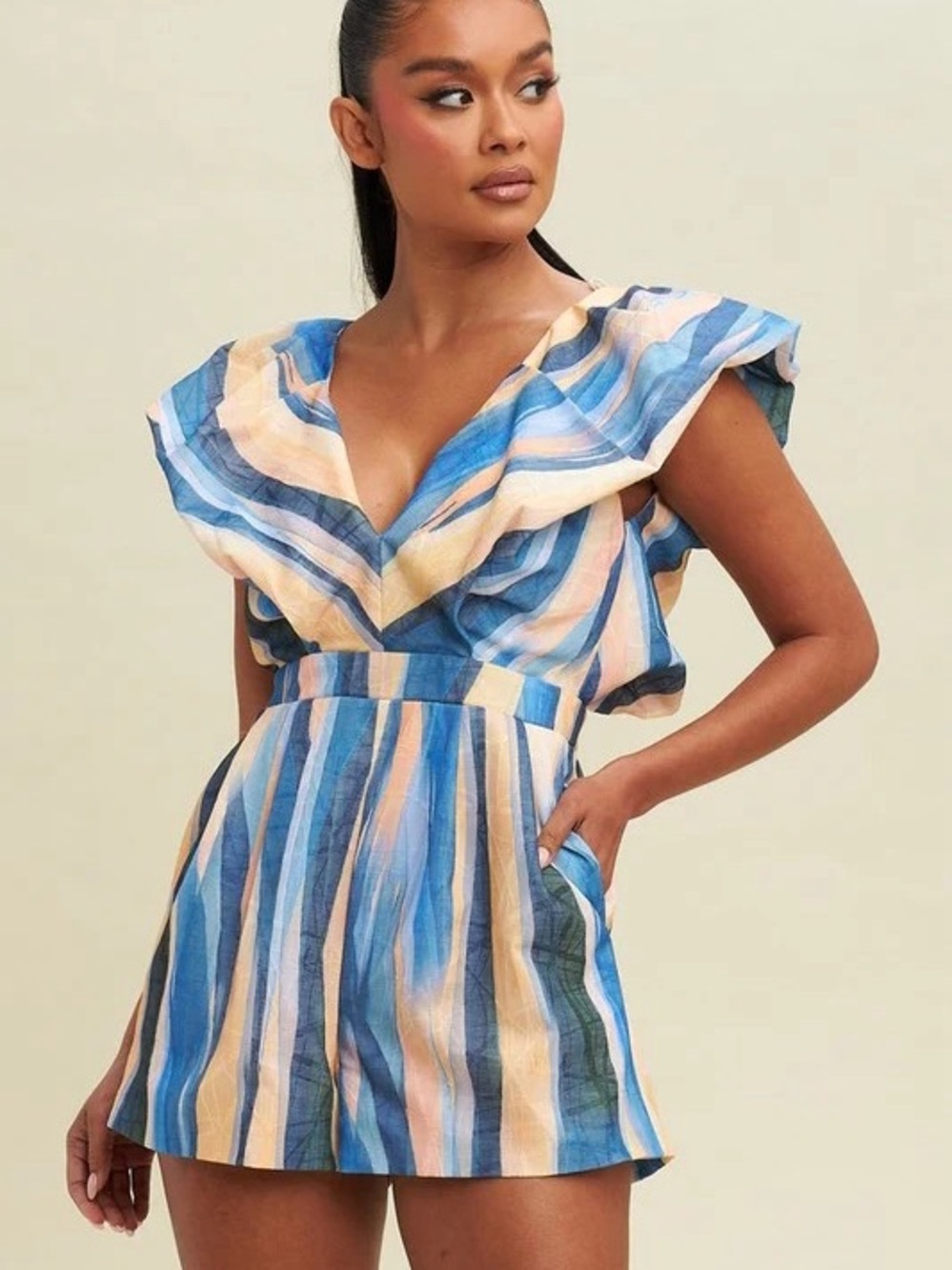 Luxxel Multicolor Striped Open-Back Ruffle Romper in Blue, Peach & Green